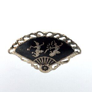Vintage Siam Sterling Silver Fan Brooch Pin Dancer Motif Black Enamel 5.5g
